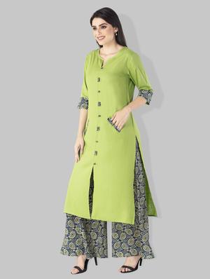 Double pocket solid kurta with printed palazzo - 15182399 - Standard Image - 2