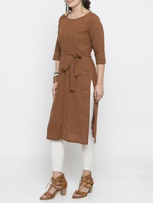 brown cotton straight solid kurta - 15187234 - Standard Image - 2