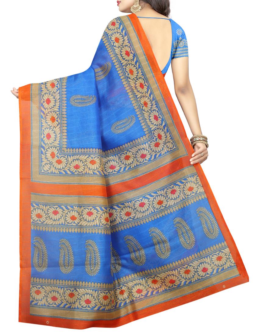 blue silk printed saree with blouse - 15192413 - Zoom Image - 2