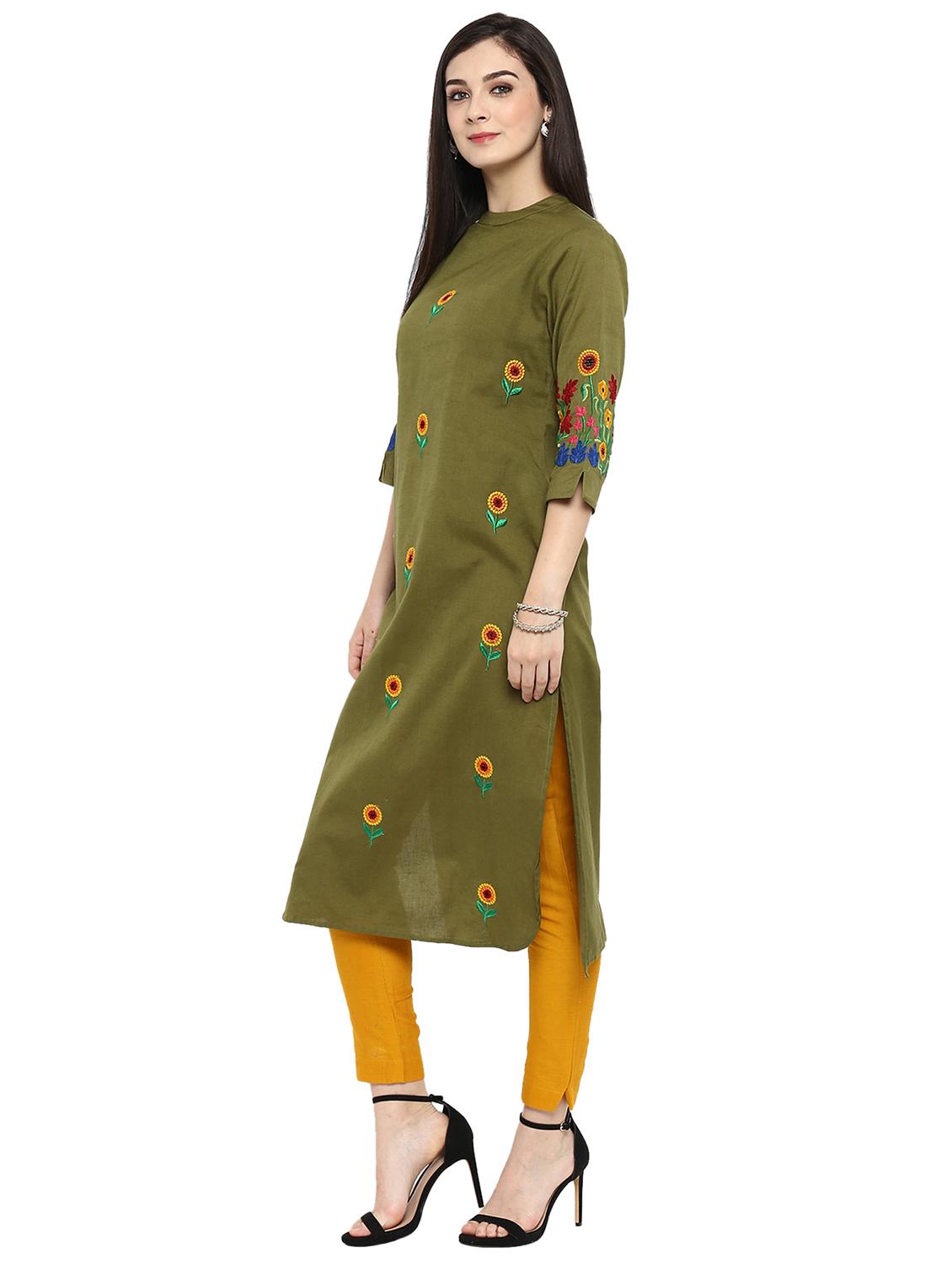 green cotton straight kurta - 15201252 - Zoom Image - 2