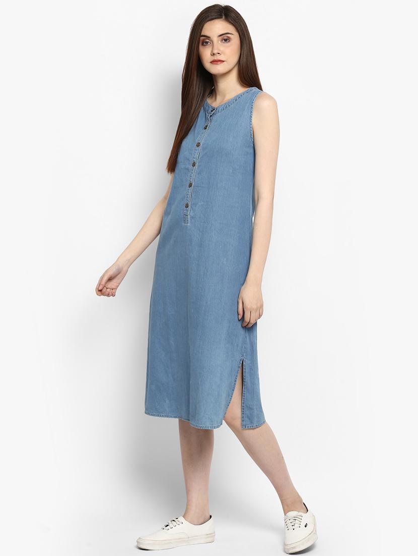 blue solid a-line denim dress - 15205752 - Zoom Image - 2