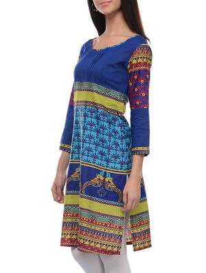 blue cotton straight kurta - 15208899 - Standard Image - 2