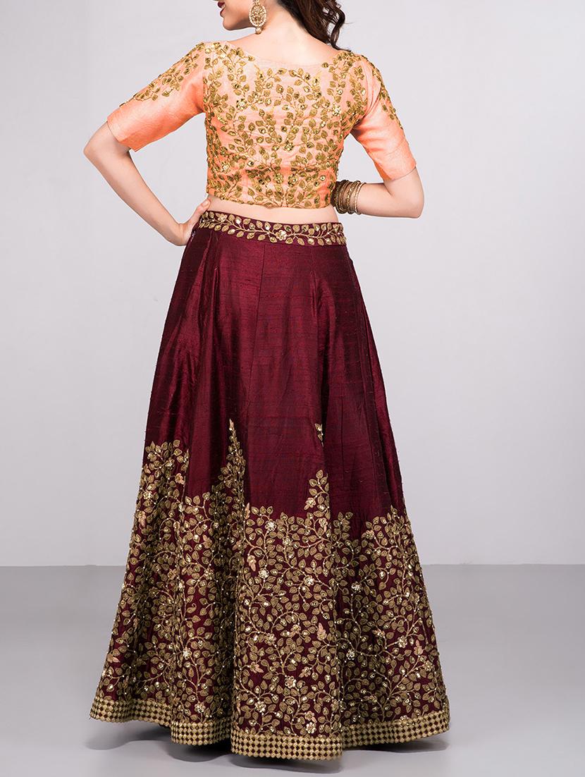 maroon silk flared lehenga - 15212747 - Zoom Image - 2