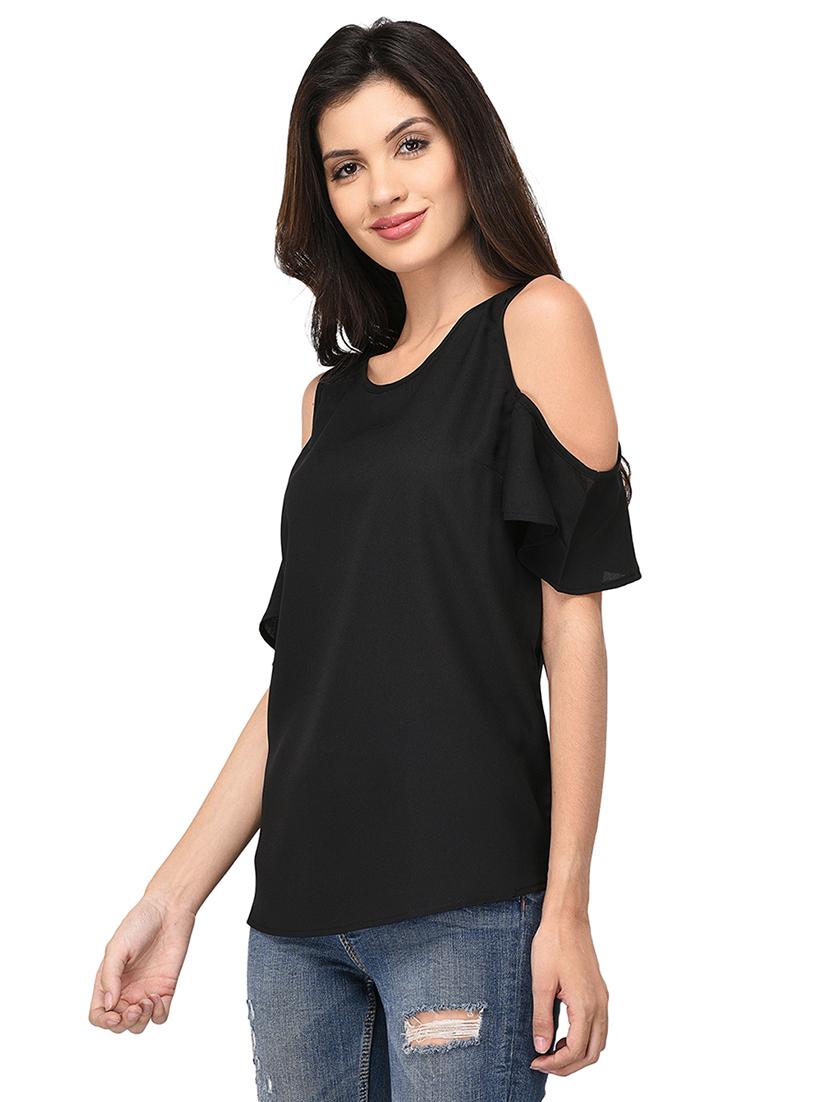 black solid cold shoulder top - 15213083 - Zoom Image - 2
