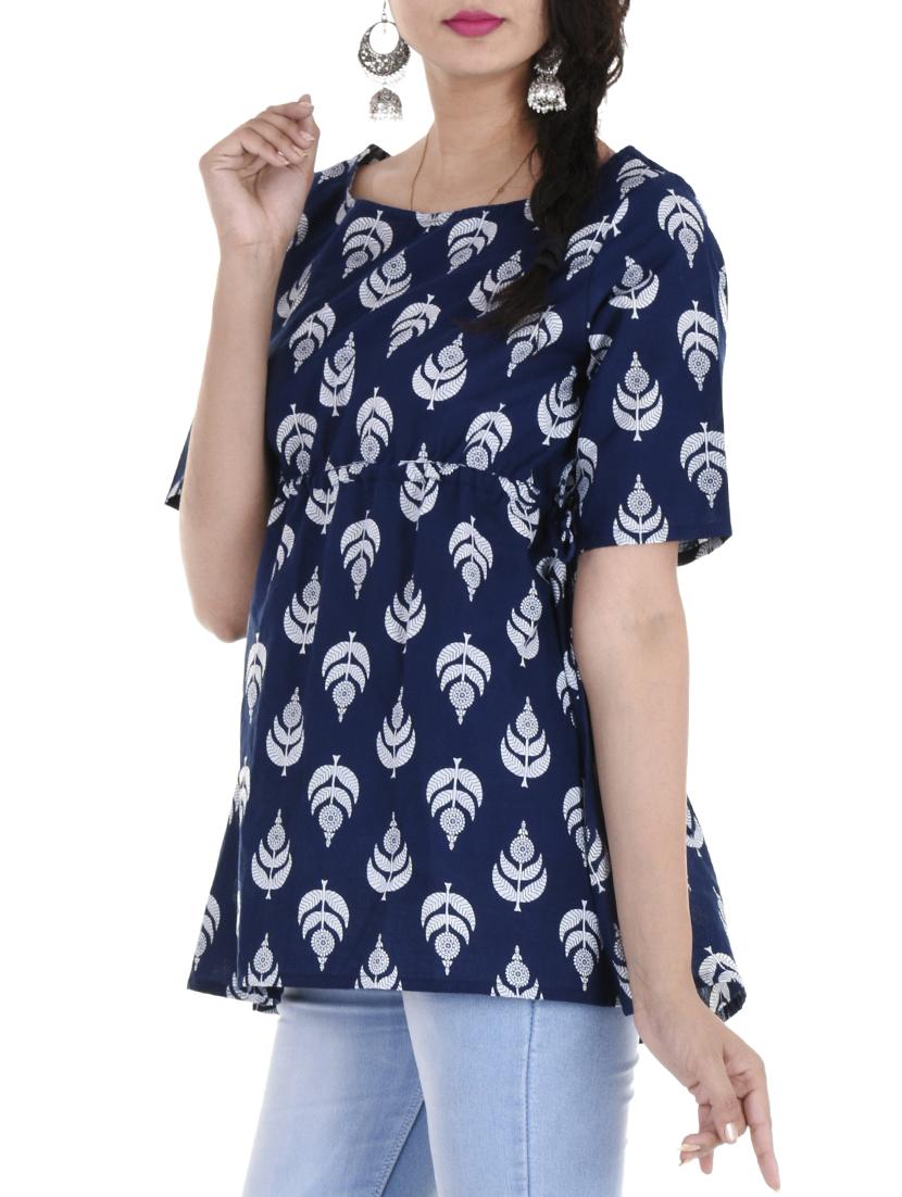 blue cotton a-line kurti - 15216096 - Zoom Image - 2