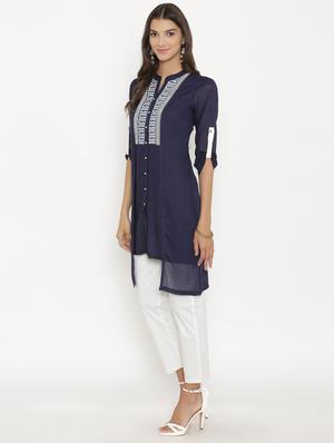 blue rayon high low kurta - 15220704 - Standard Image - 2
