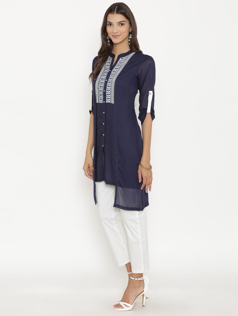blue rayon high low kurta - 15220704 - Zoom Image - 2