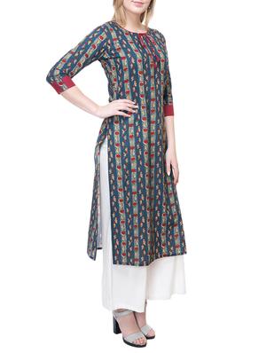 blue cotton straight kurta - 15222734 - Standard Image - 2