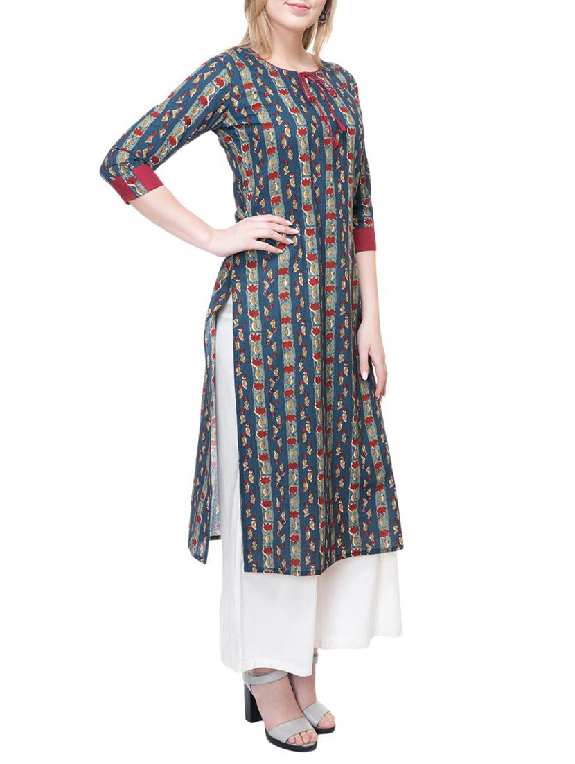 blue cotton straight kurta - 15222734 - Zoom Image - 2