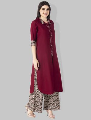 Shirt collar solid kurta with printed palazzo set - 15225756 - Standard Image - 2