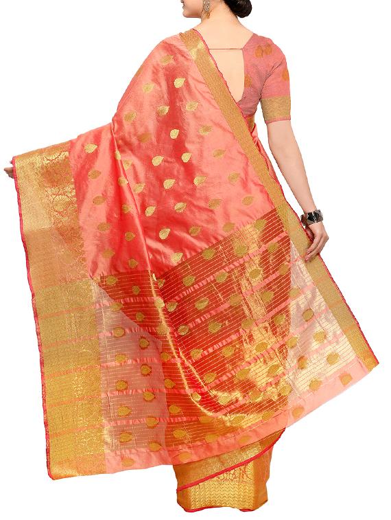 peach silk blend banarasi saree with blouse - 15225824 - Zoom Image - 2