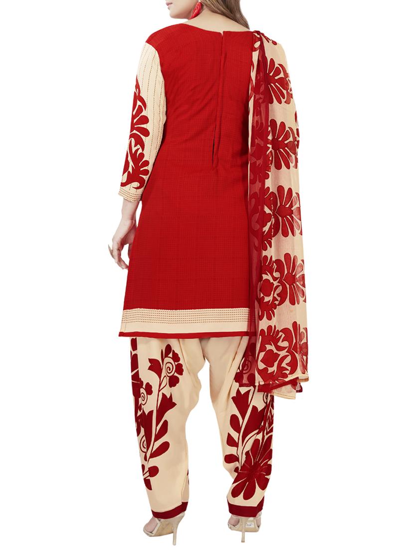 Red crepe unstitched salwar suit - 15235025 - Zoom Image - 2