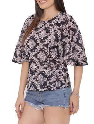 navy blue georgette printed bell sleeved top - 15238841 - Standard Image - 2
