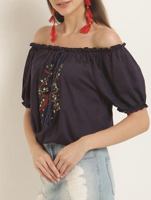 off shoulder embroidered blouson top - 15240608 - Standard Image - 2