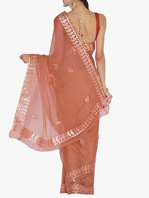 brown chiffon gota patti saree with blouse - 15250915 - Zoom Image - 2