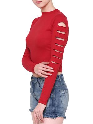 red solid cotton cut out crop top - 15254542 - Standard Image - 2