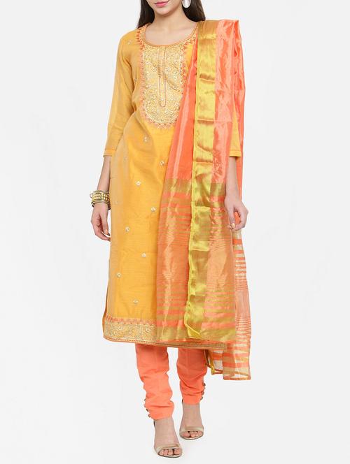 Yellow embroidered unstitched churidaar suit - 15257668 - Very Small Image - 1