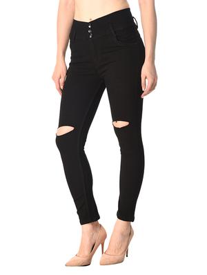 black solid denim knee slit jeans - 15261399 - Standard Image - 2