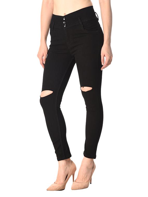 black solid denim knee slit jeans - 15261399 - Zoom Image - 2
