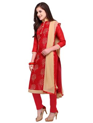 Red embroidered unstitched churidaar suit - 15263537 - Standard Image - 2