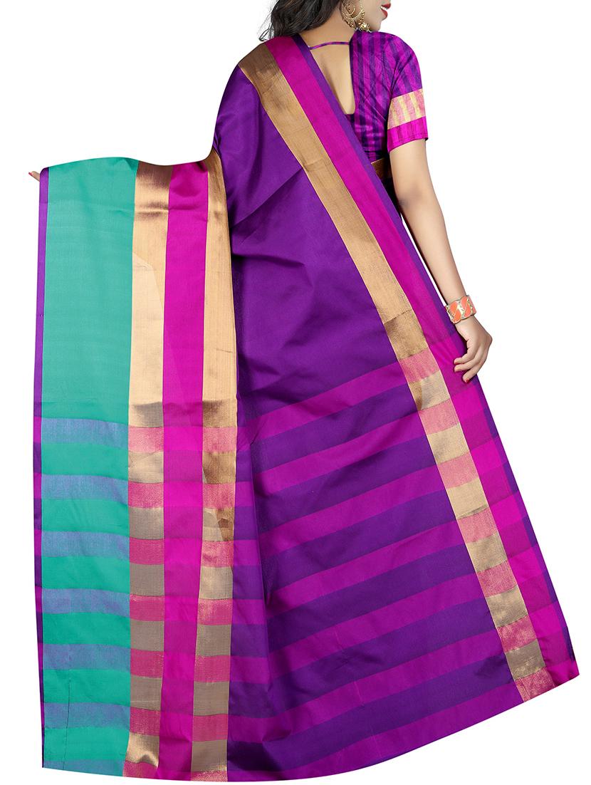 purple cotton bordered saree with blouse - 15264691 - Zoom Image - 2