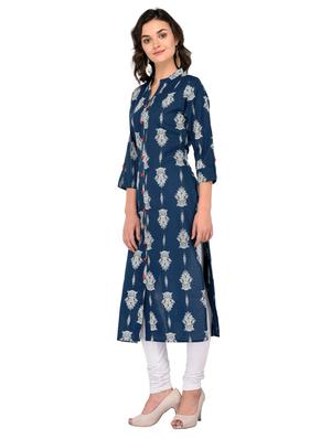 blue cotton straight kurta - 15265621 - Standard Image - 2