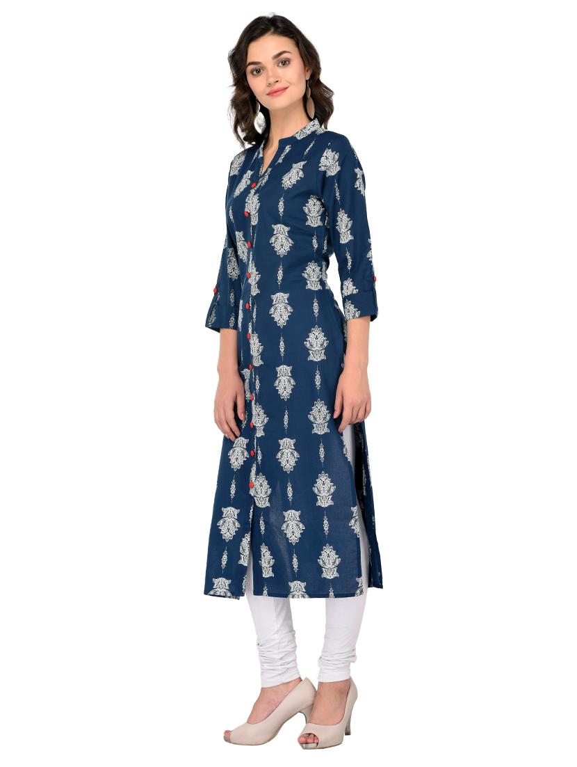blue cotton straight kurta - 15265621 - Zoom Image - 2