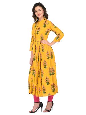 mustard viscose flared kurta - 15265622 - Standard Image - 2