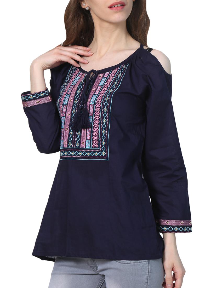 tie up neck embroidered tunic - 15265641 - Zoom Image - 2