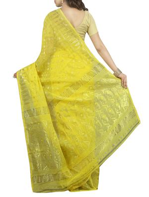 yellow cotton silk jamdani saree - 15266839 - Standard Image - 2