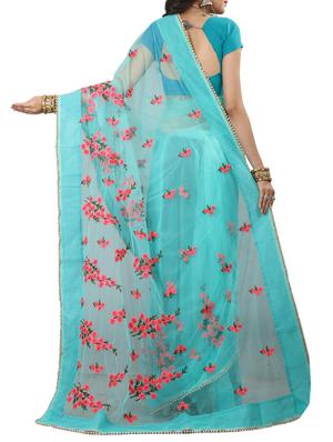 Sky blue embroidered saree with blouse - 15267938 - Standard Image - 2