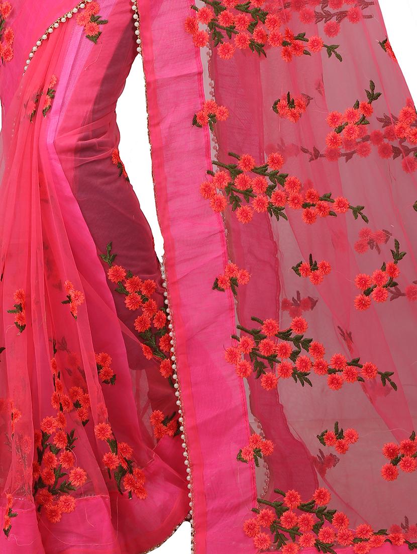 red tissuenet embroidered saree with blouse - 15267956 - Zoom Image - 2