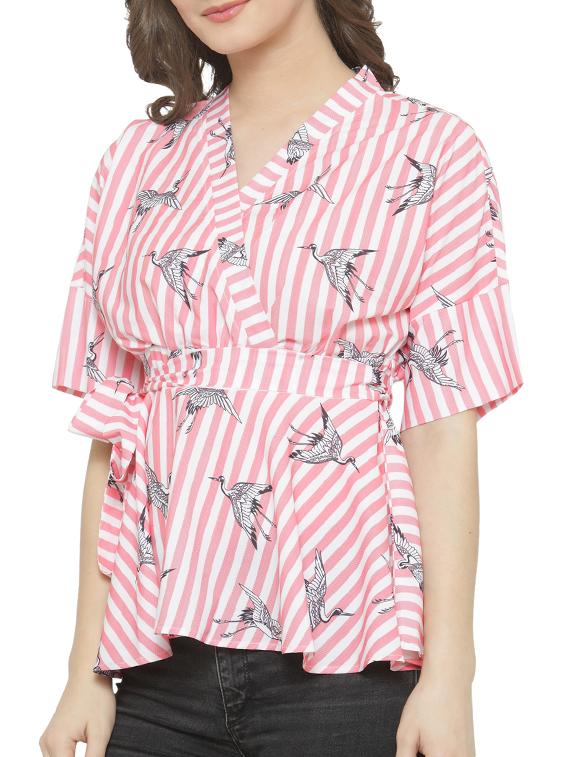 Bird print striped wrap top - 15275483 - Zoom Image - 2