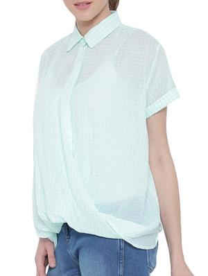 Checkered shirt collar cowl hem top - 15275495 - Standard Image - 2