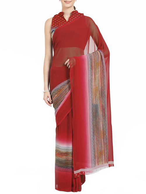 red georgette printed saree with blouse - 15277110 - Very Small Image - 1