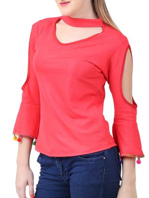 cut out sleeved pom pom detail top - 15282218 - Standard Image - 2