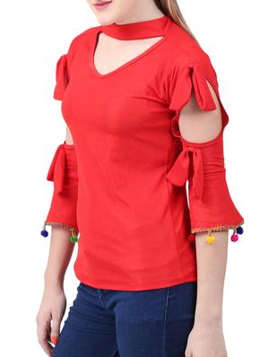 cut out sleeved pom pom detail top - 15282220 - Standard Image - 2