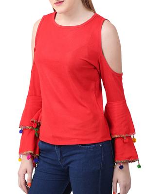 cold shoulder sleeved pom pom detail top - 15282223 - Standard Image - 2