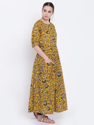 mustard cotton flared kurta - 15291106 - Standard Image - 2