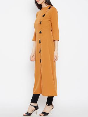 mustard crepe a-line solid kurta - 15295657 - Standard Image - 2
