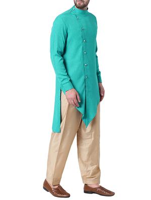 blue silk blend asymmetric kurta pyjama set - 15296421 - Standard Image - 2