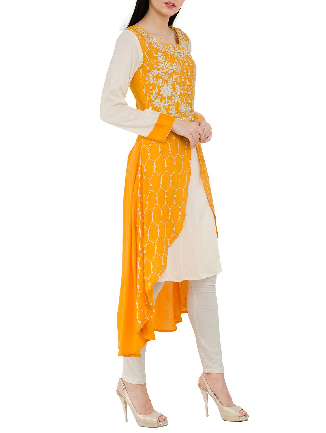 yellow rayon layered kurta - 15300266 - Zoom Image - 2