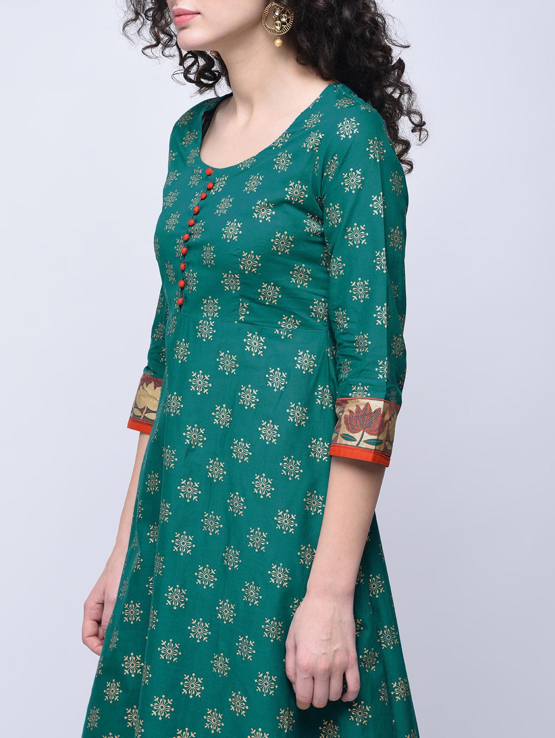 green cotton flared kurta - 15300270 - Zoom Image - 2