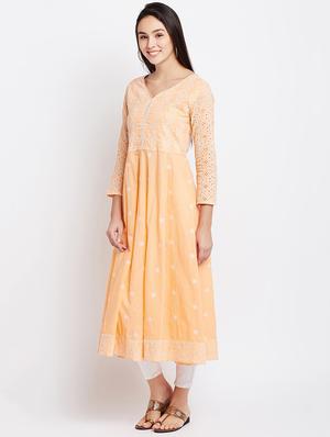 orange cotton flared kurta - 15300338 - Standard Image - 2
