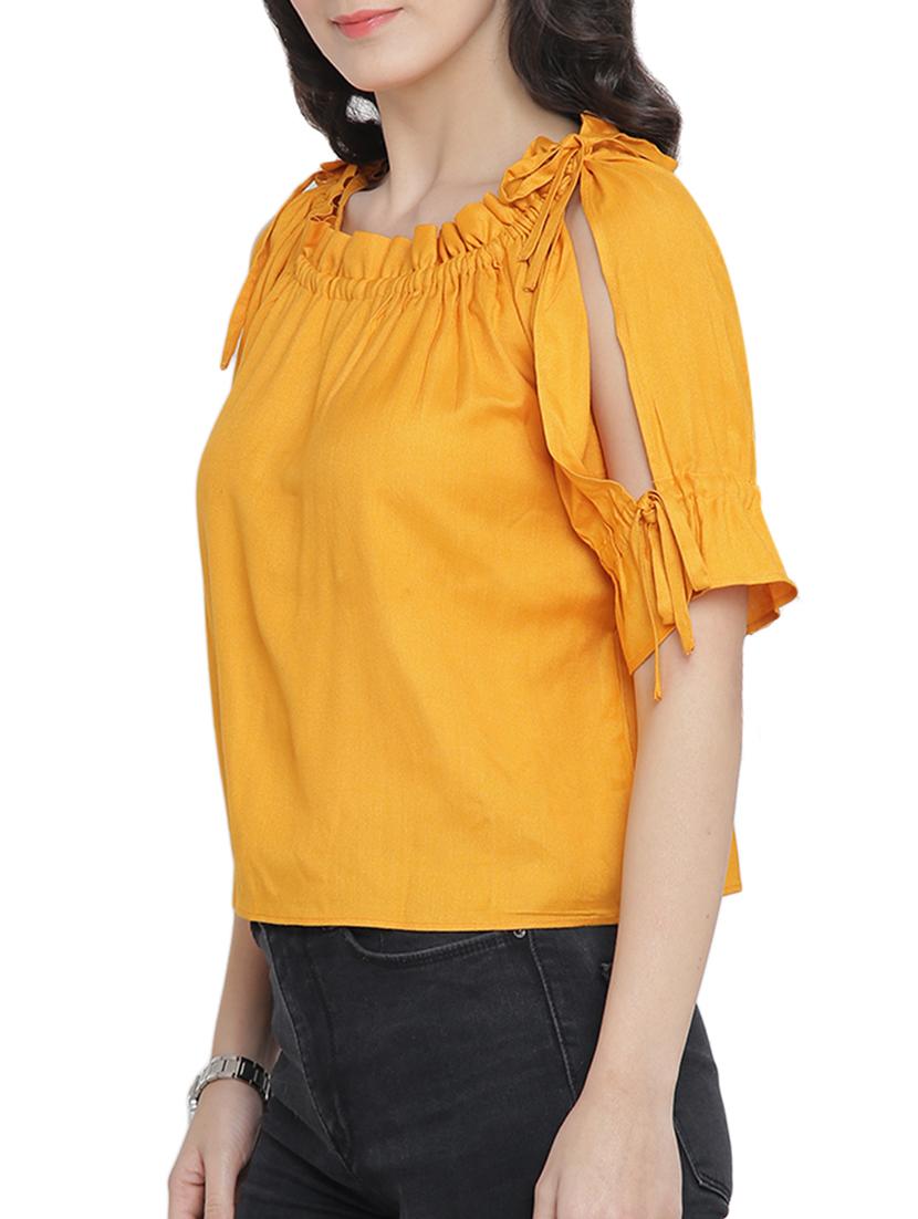 drawstring neckline slit sleeved top - 15301136 - Zoom Image - 2