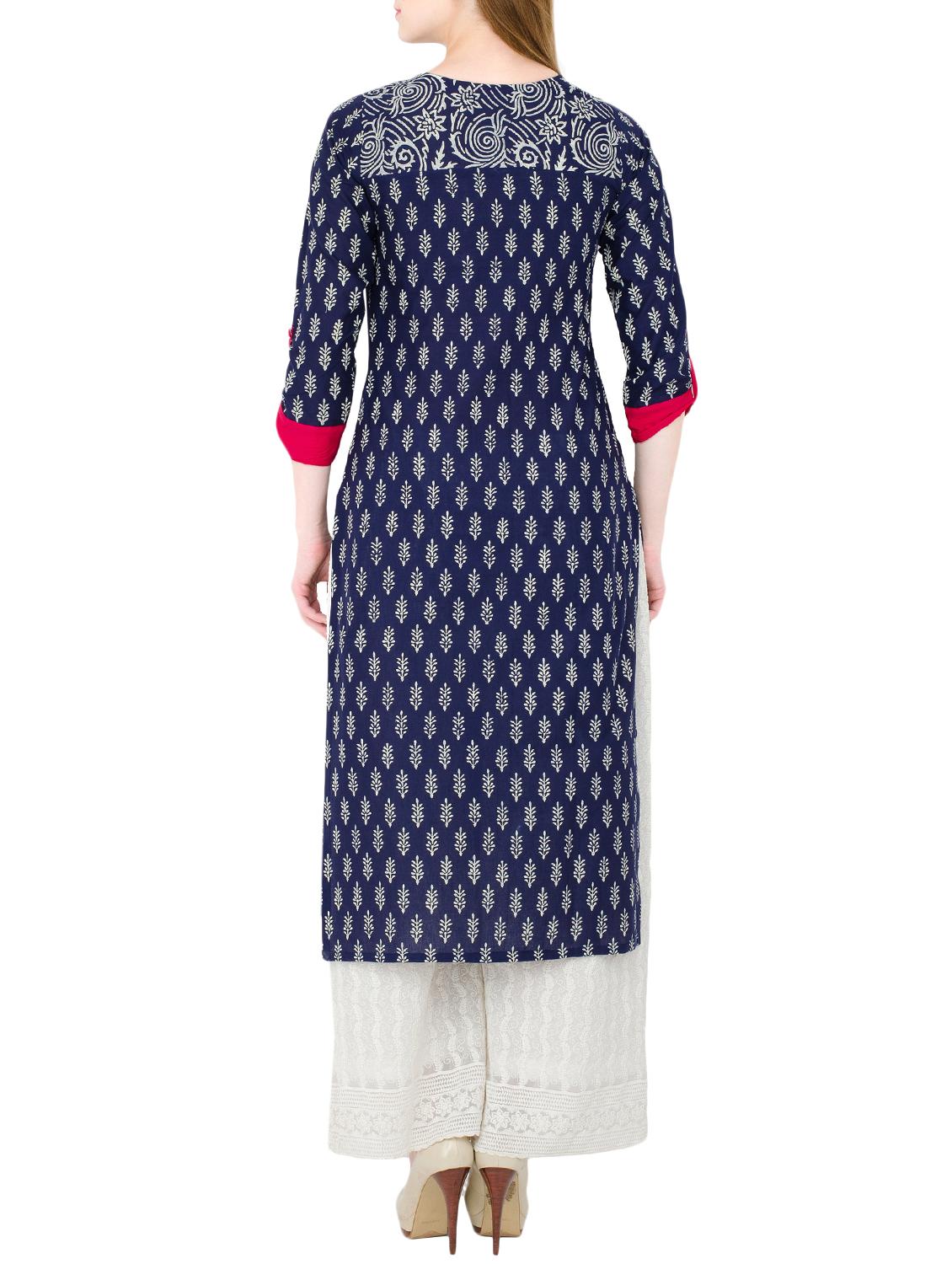 blue cotton straight kurta - 15302259 - Zoom Image - 2