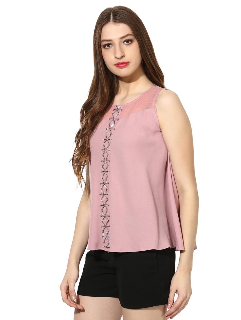 embellished sheer panel neck top - 15305992 - Zoom Image - 2