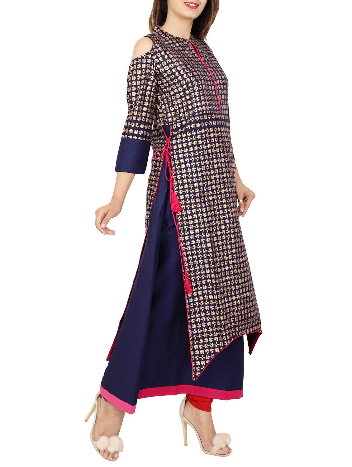 Layered foil print kurta - 15315189 - Zoom Image - 2