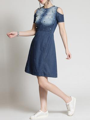 cold shoulder embellished denim dress - 15315498 - Standard Image - 2