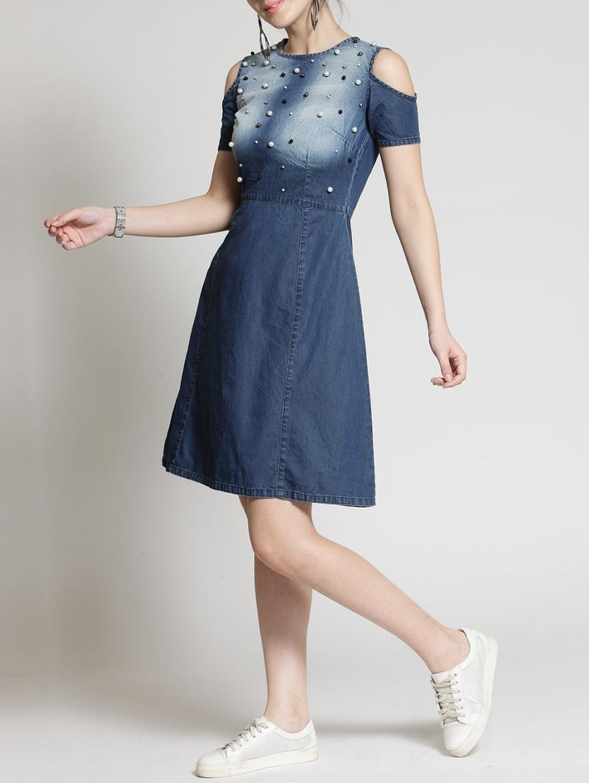 cold shoulder embellished denim dress - 15315498 - Zoom Image - 2